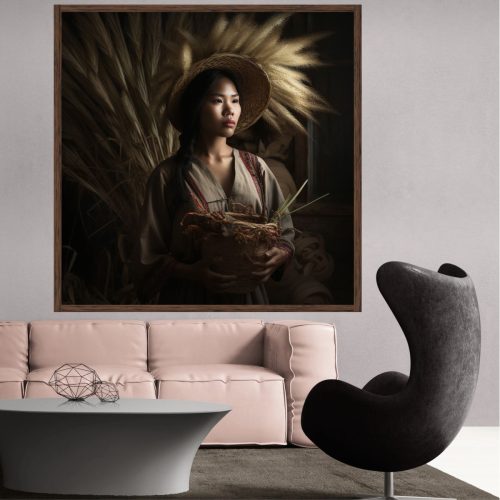 Quadro Decorativo Mulher Asiática ao Fundo Trigos Secos
