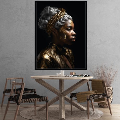 Quadro Decorativo Mulher Negra com Detalhes em Dourado