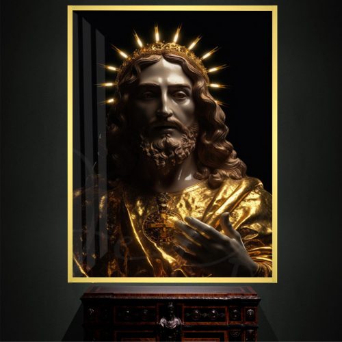 Quadro Decorativo Jesus em Dourado ao Fundo Preto