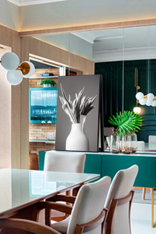 Quadro Decorativo Vaso com Folhas em Preto e Branco