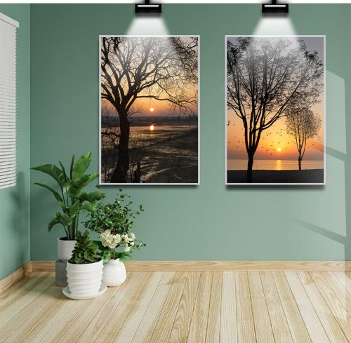 Jogo com 2 Quadros Decorativos Árvores ao Por do Sol