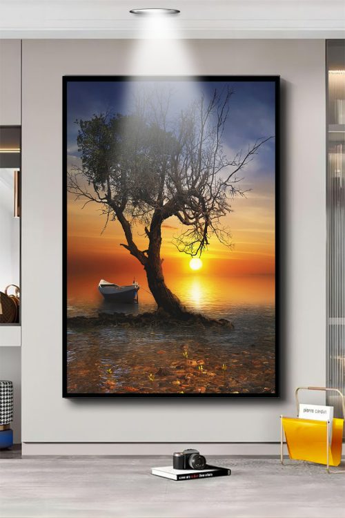 Quadro Decorativo Árvore e Barco ao Fundo um Por do Sol