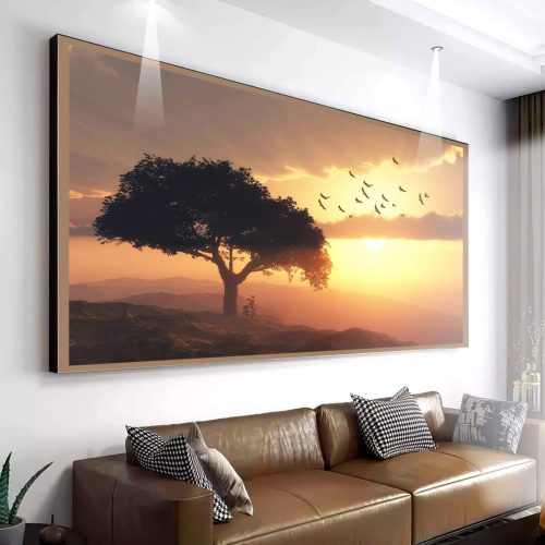 Quadro Decorativo Paisagem Árvore e Pássaros ao Nascer do Sol