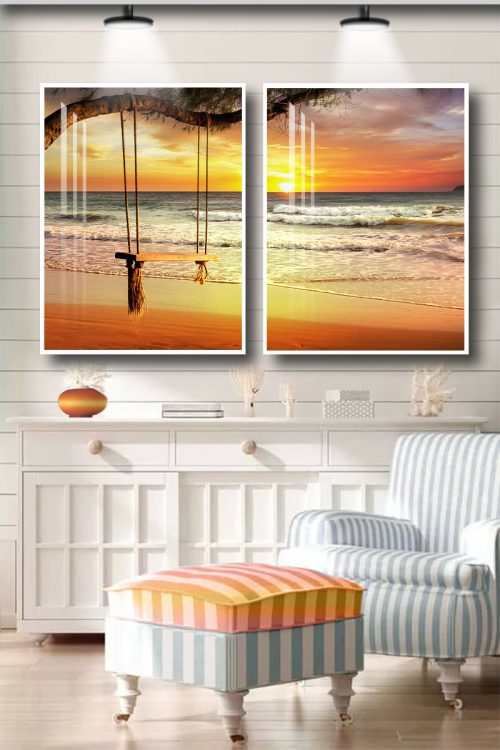 Jogo com 2 Quadros Decorativos Balanço ao Fundo Mar e o Por do Sol