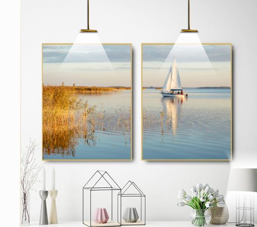 Jogo com 2 Quadros Decorativos Paisagem Barco no Rio