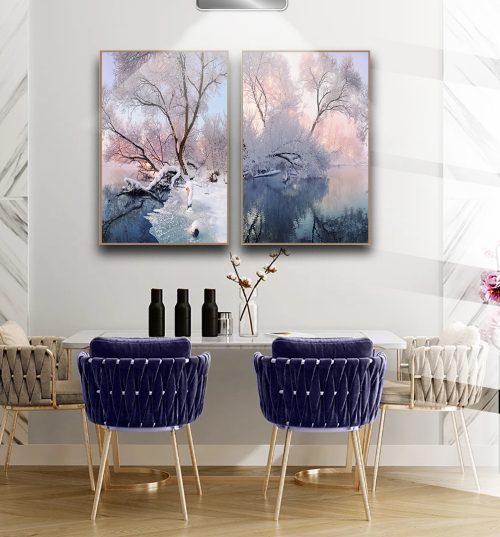 Jogo com 2 Quadros Decorativos Árvore com Florais Rosa e Neve
