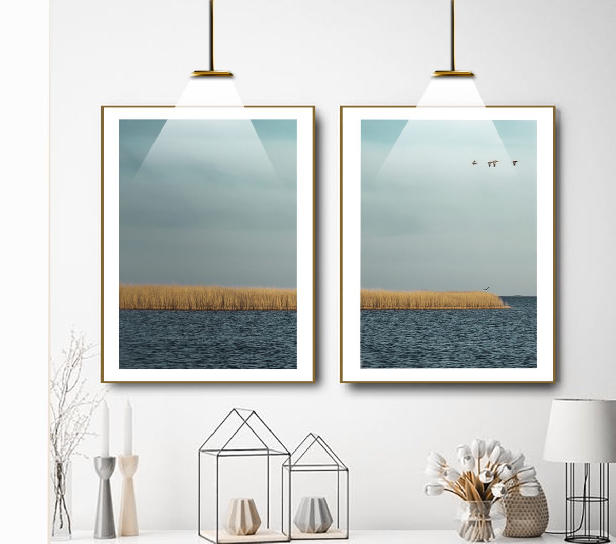 Jogo com 2 Quadros Decorativos Paisagem Mar Azul e Gaivotas - Imagem 3
