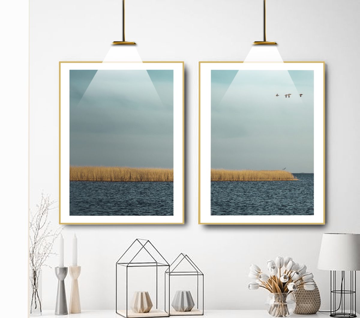 Jogo com 2 Quadros Decorativos Paisagem Mar Azul e Gaivotas - Imagem 4