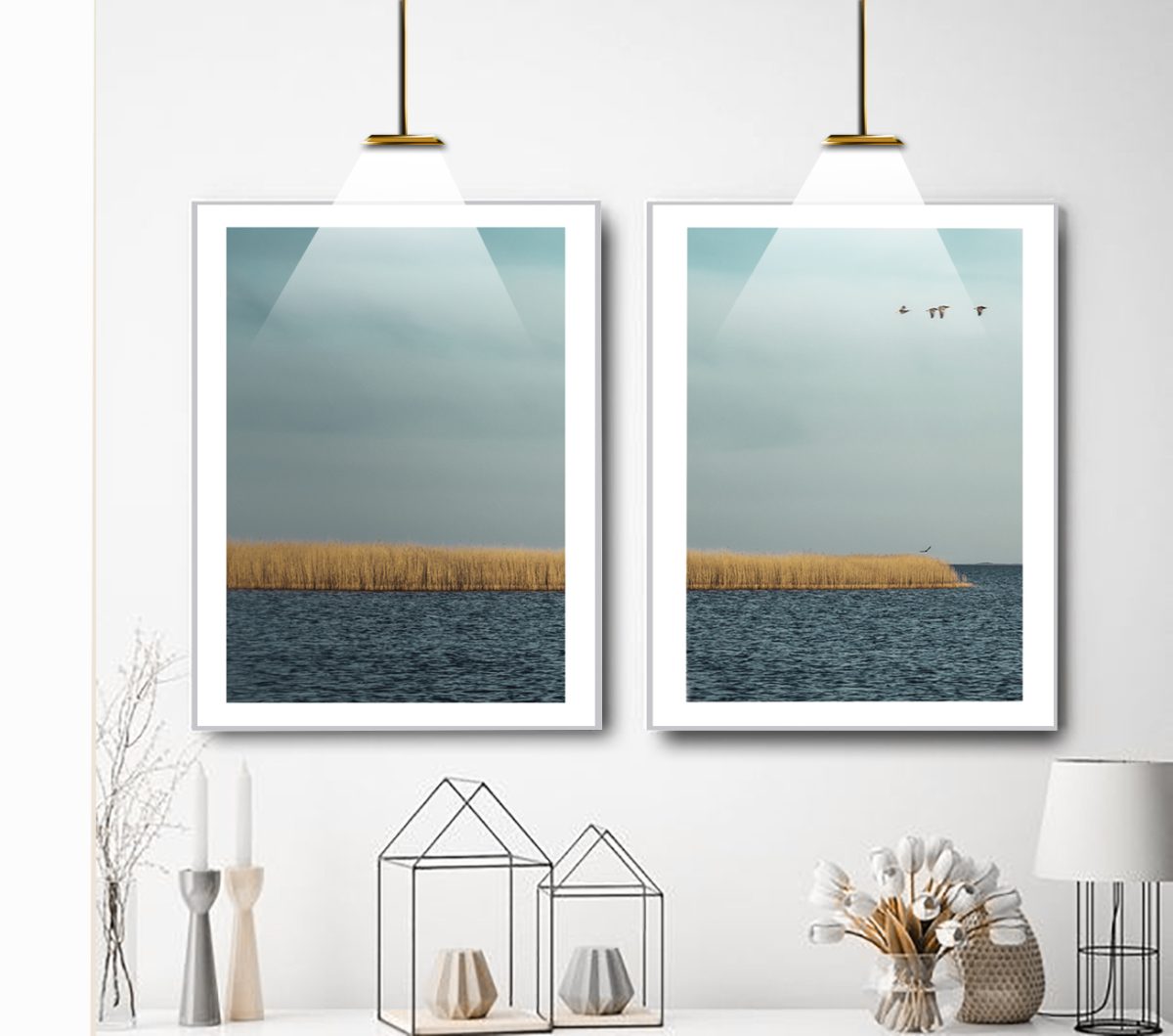 Jogo com 2 Quadros Decorativos Paisagem Mar Azul e Gaivotas - Imagem 6