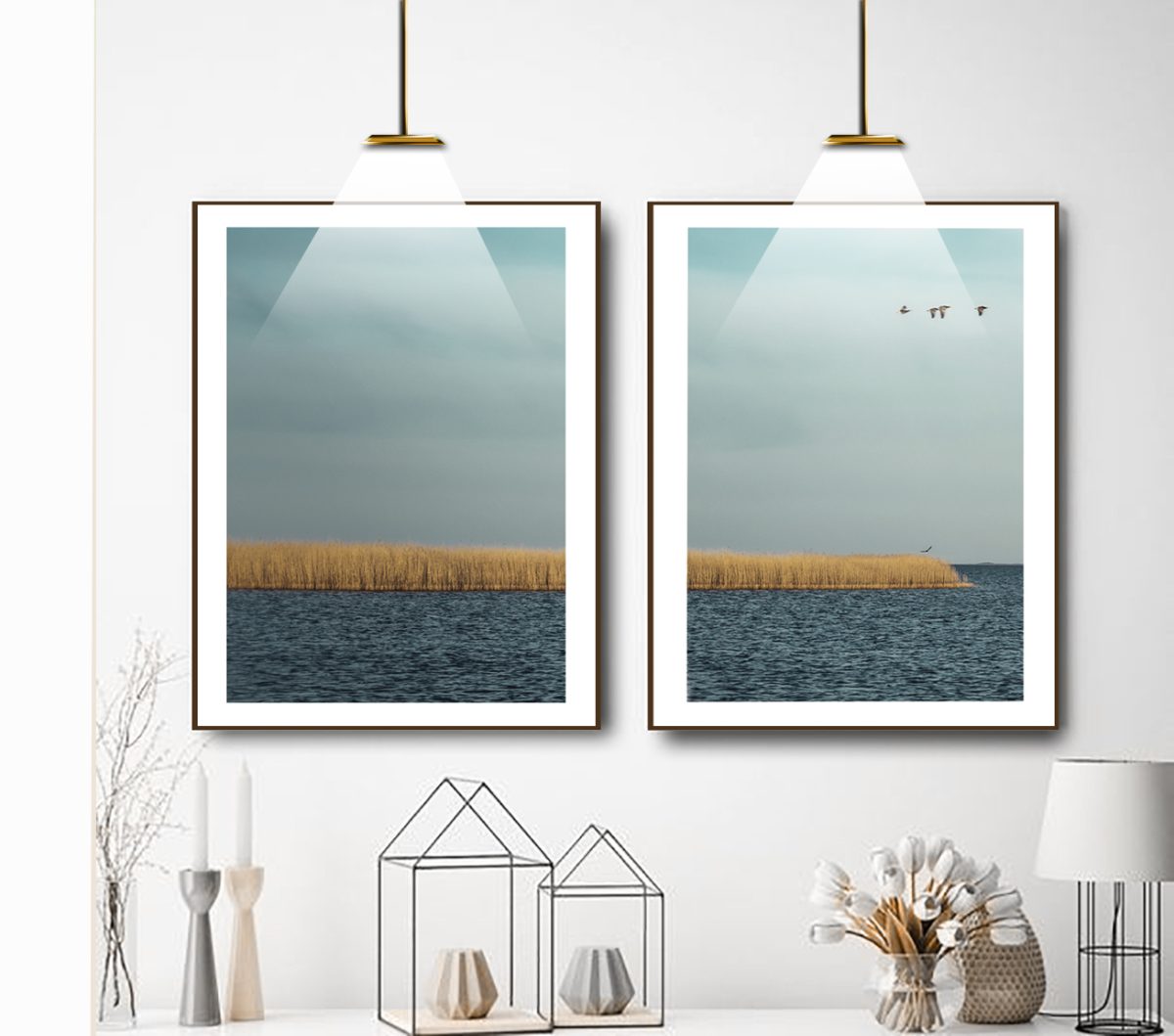 Jogo com 2 Quadros Decorativos Paisagem Mar Azul e Gaivotas - Imagem 17