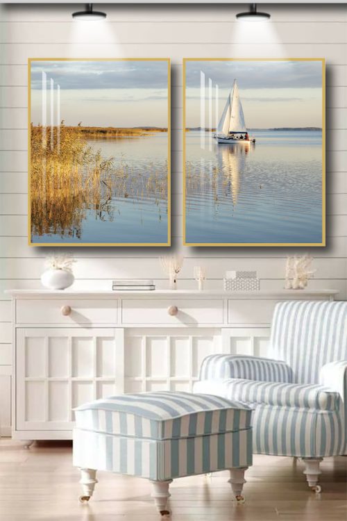 Jogo com 2 Quadros Decorativos Barco a Vela no Mar