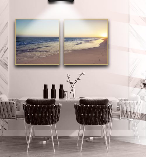 Jogo com 2 Quadros Decorativos Paisagem Por do sol, Areia e Mar