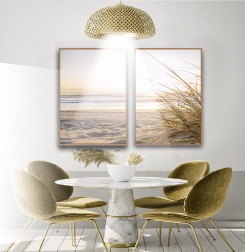 Jogo com 2 Quadros Decorativos Paisagem Praia Neutra