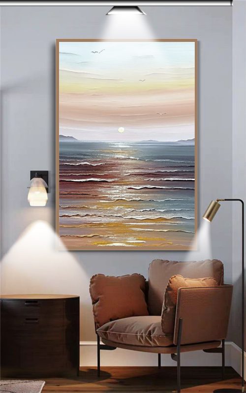 Quadro Decorativo Arte imitando uma pintura de um por do sol refletindo na água