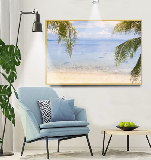 Quadro Decorativo Folhas de Coqueiros no Mar Azul