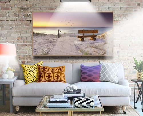 Quadro Decorativo Banco na Beira da Praia com Entardecer Lilás