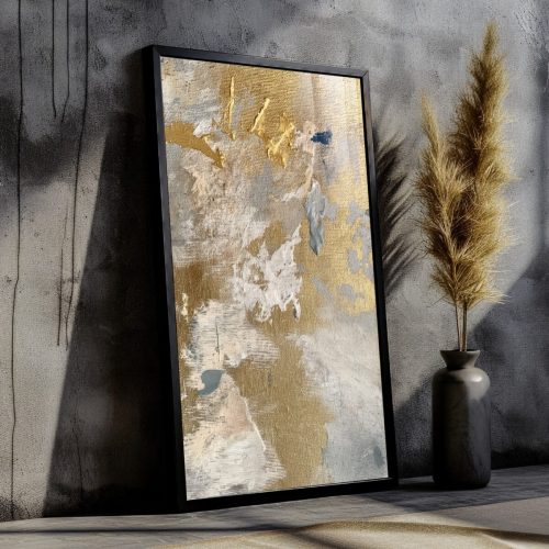 Quadro Decorativo Abstrato em Tons Neutros e Detalhes em Dourado
