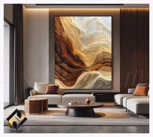 Quadro De Luxo Arte Abstrata com Efeito Camadas em 3D com Tons de Branco, Nude e Marrom