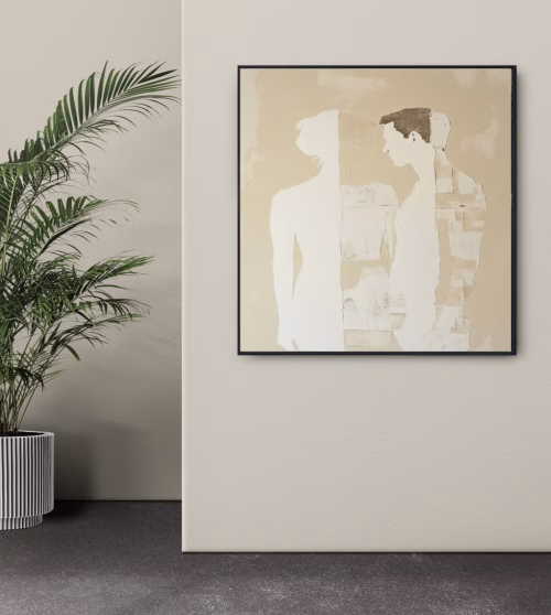 Quadro De Luxo Arte Figurativa Casal em Tons de Bege, Branco e Nude