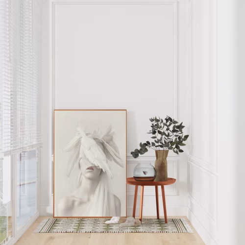 Quadro De Luxo Arte Figurativa Mulher com Penas em Off White