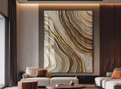 Quadro De Luxo Arte Abstrata Detalhes em Dourado e Tons de Marrom e Cinza