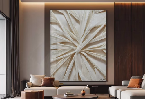 Quadro De Luxo Arte Abstrata com Efeito 3D Relevo em Tons Off White