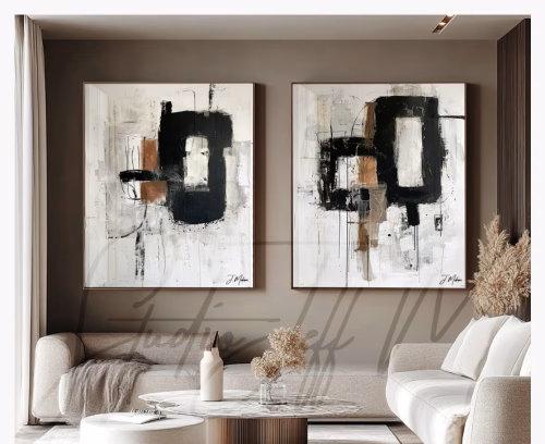 Jogo com 2 Quadros De Luxo Arte Abstrata em Tons de Cinza, Preto, Branco e Marrom