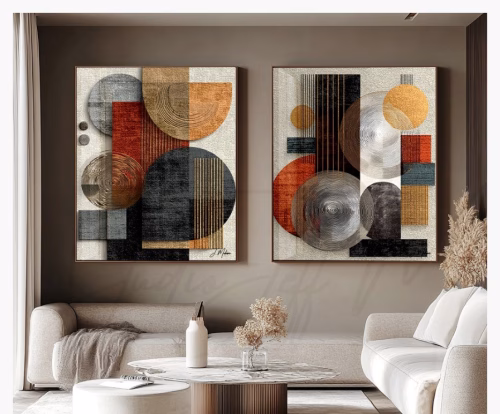 Jogo com 2 Quadros De Luxo Arte Abstrata Geométrica com Efeito 3D e Textura