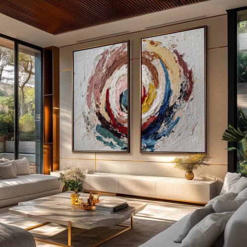 Jogo com 2 Quadros De Luxo Arte Abstrata Efeito Pintura em Relevo Colorido com Fundo Branco