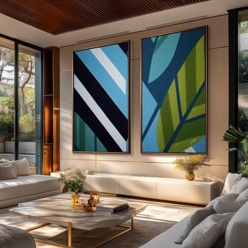 Jogo com 2 Quadros De Luxo Arte Abstrata Natureza em Tons Vibrantes com Efeito Textura na Impressão