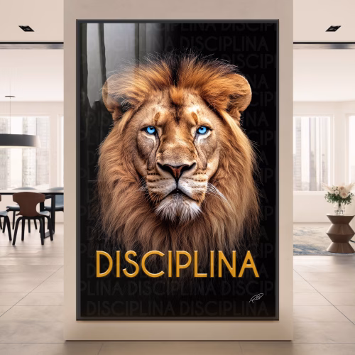 Quadro De Luxo Arte Animais Figurativos Leão com Olhos Azuis e Frase Disciplina
