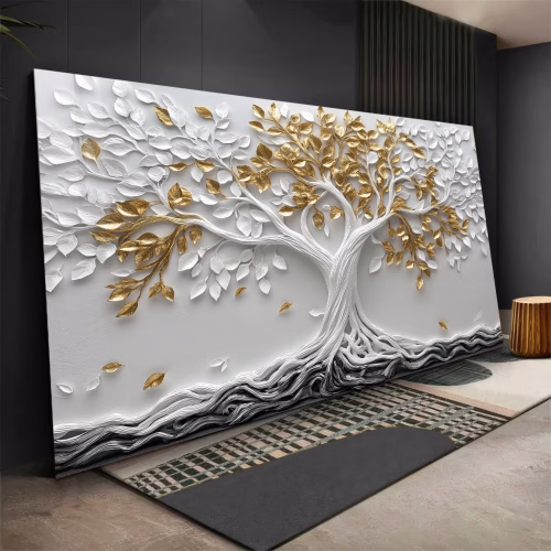 Quadro De Luxo Arte Árvore da Vida com Efeito 3D nas Folhas em Tons de Branco e Dourado