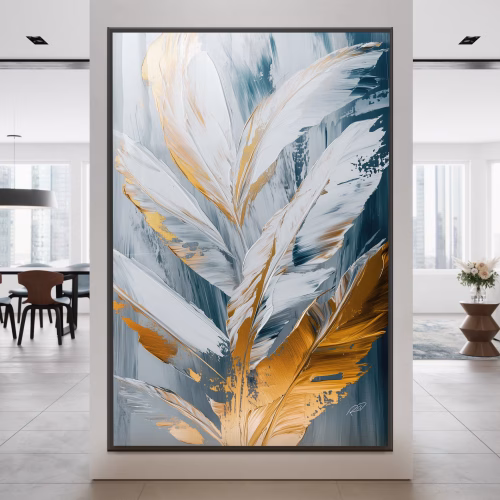 Quadro De Luxo Arte Penas Abstratas com Tons em Branco e Azul e Detalhe Dourado com Efeito Pintura