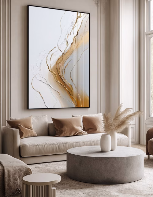 Quadro De Luxo Arte Abstrata com Tons em Branco e Cinza e Detalhe Dourado com Efeito Relevo