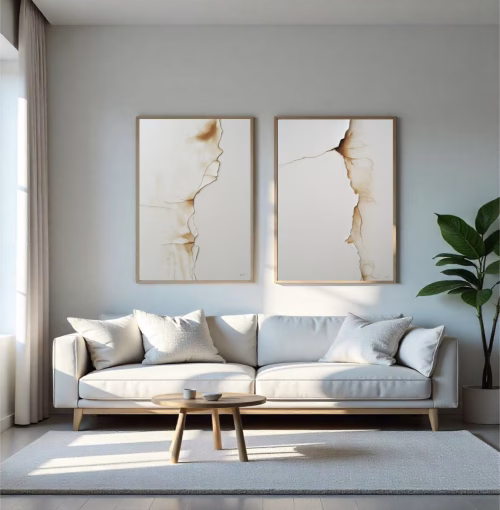 Jogo com 2 Quadros De Luxo Arte Abstrata com Tons de Branco e Detalhes em Marrom