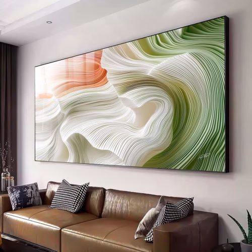 Quadro De Luxo Arte Abstrata Efeito Ondas com Relevo e Textura em Tons de Verde, Branco e Laranja