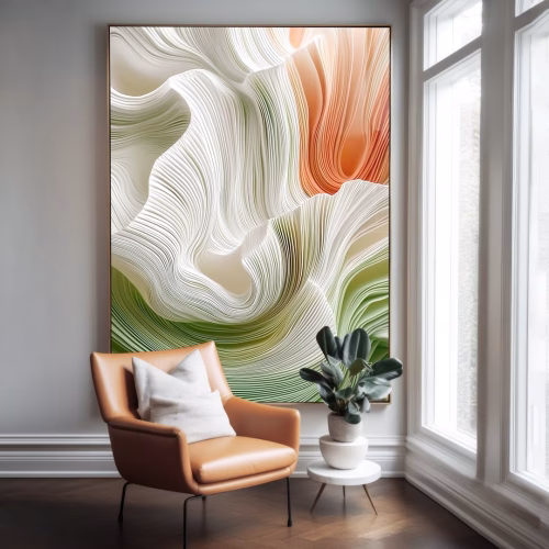 Quadro De Luxo Arte Abstrata Efeito Ondas com Relevo e Textura em Tons de Verde, Branco e Laranja