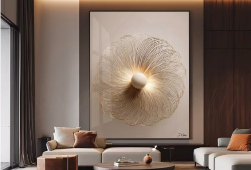 Quadro De Luxo Arte Abstrata no Fundo Cor Fendi e Detalhe Central em Dourado