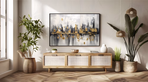 Quadro De Luxo Arte Abstrata Efeito Pintura em Tons de Branco, Cinza, Preto e Dourado