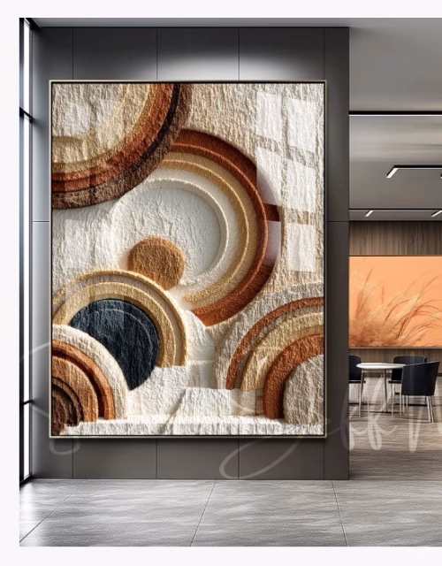 Quadro De Luxo Arte Abstrata Geométrica com  Efeito 3D e Textura em Tons Terrosos