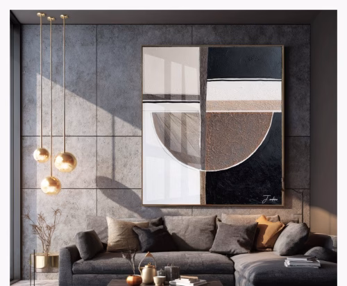 Quadro De Luxo Arte Abstrata Geométrica com Efeito Textura em Tons de Branco, Cinza, Marrom e Preto