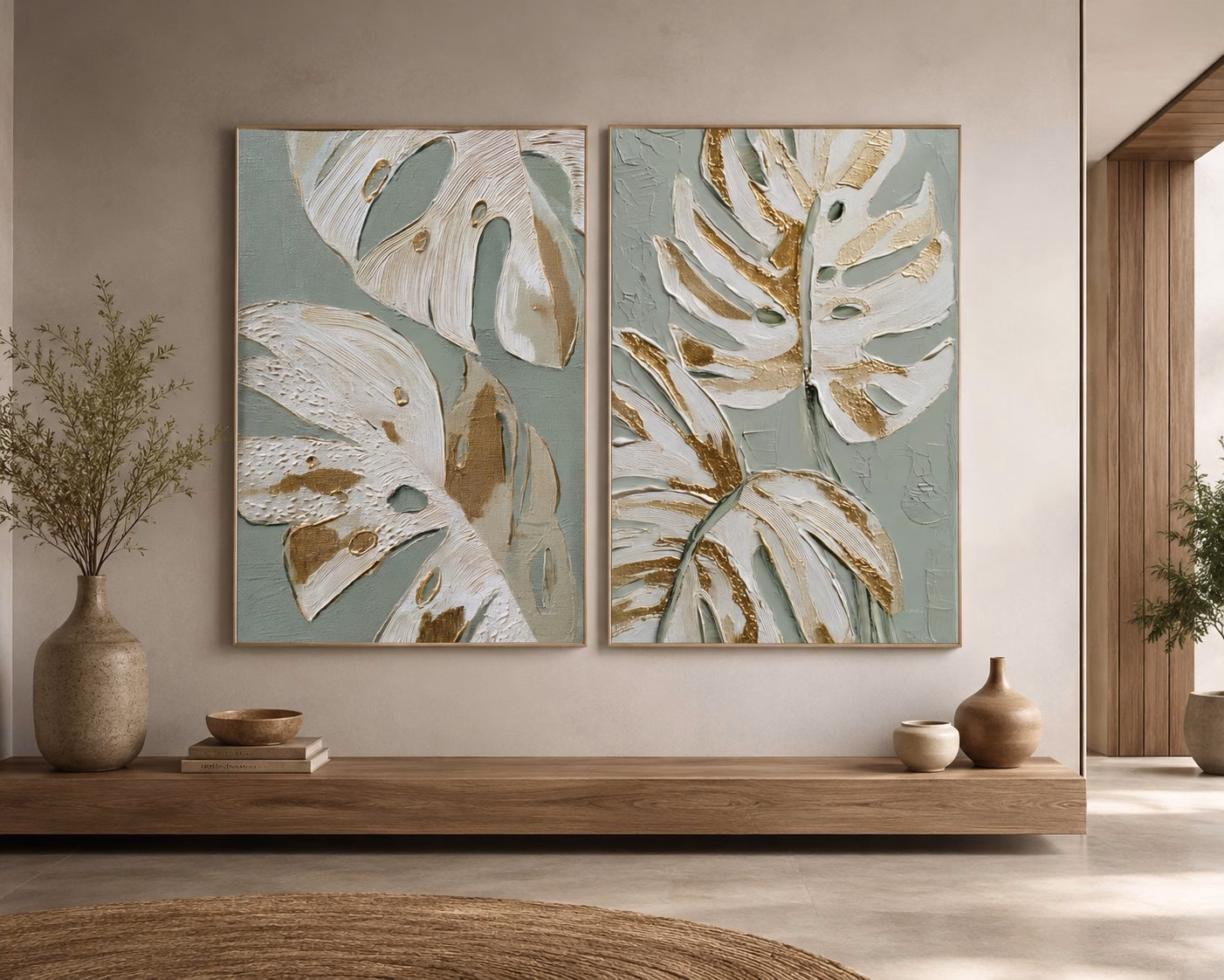 Jogo com 2 Quadros De Luxo Duo Folhas Douradas | Harmonia Natural